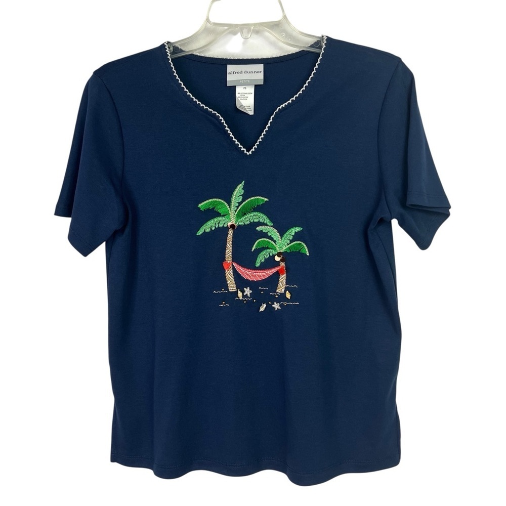 Alfred Dunner Blue Tee with Palm Tree Embroidery/Shells Sz Petite Small V-neck